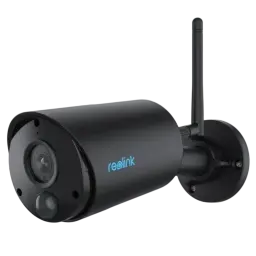 Cámara Reolink Argus Series B320-B negra 3MP para exterior, diseño cilíndrico con antena WiFi, lente frontal y sensor inferior, compatible con Google