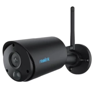 Câmara Reolink Argus Série B320-B preta 3MP para exterior, design cilíndrico com antena WiFi, lente frontal e sensor inferior, compatível com Google