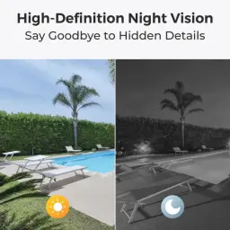 Reolink Argus Series B320-B Negro 3MP para exterior con visión nocturna HD; compara vista día y noche mostrando más detalles y mayor claridad nocturna