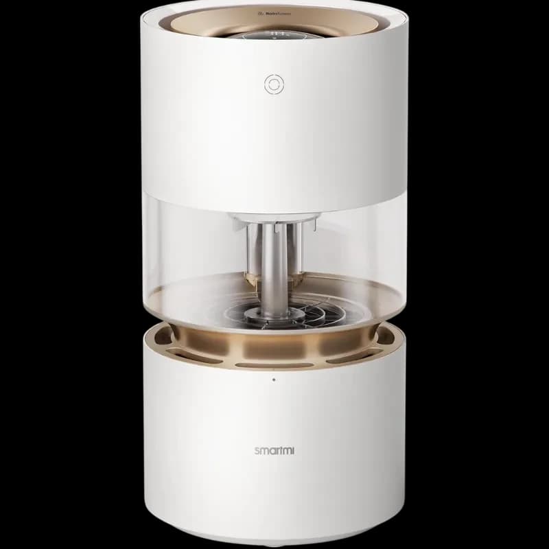 Xiaomi Rainforest Humidifier Smartmi branco, cilindro com reservatório transparente, topo dourado, difusor central visível e base minimalista smartmi