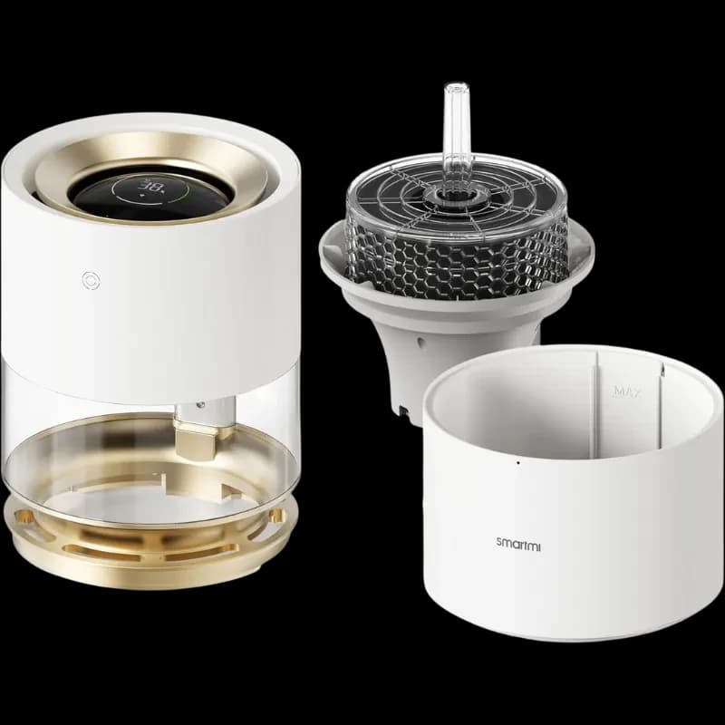 Xiaomi Rainforest Humidifier Smartmi - Humidificador com corpo cilíndrico branco, base dourada translúcida, display superior e componentes internos