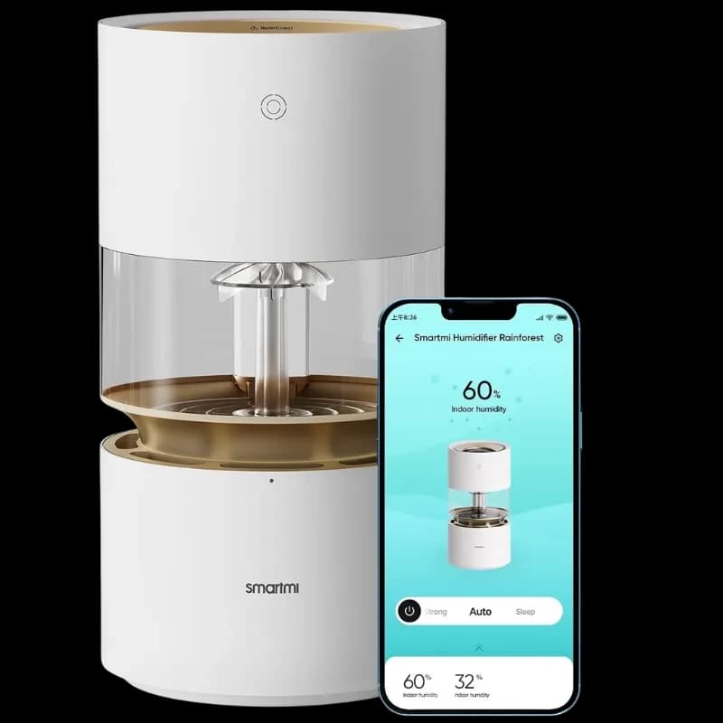 Xiaomi Rainforest Humidifier Smartmi branco, design cilíndrico com reservatório transparente e difusor central; controle via app exibido em smartphone