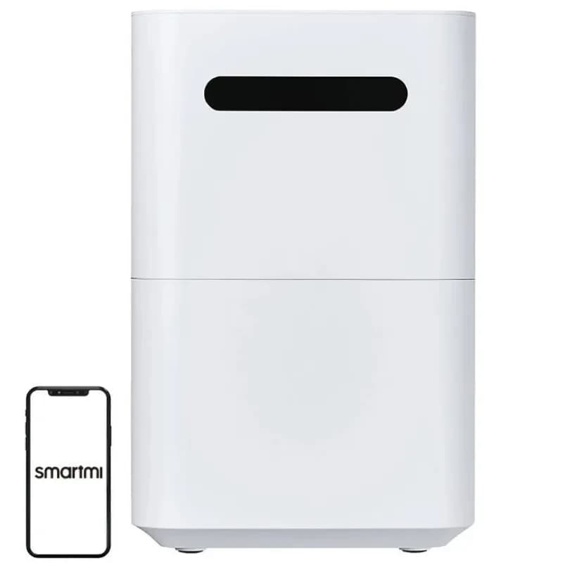 Xiaomi Smartmi Evaporative Humidifier 3 Umidificador branco minimalista com painel frontal preto e app no smartphone; design retangular com base estável