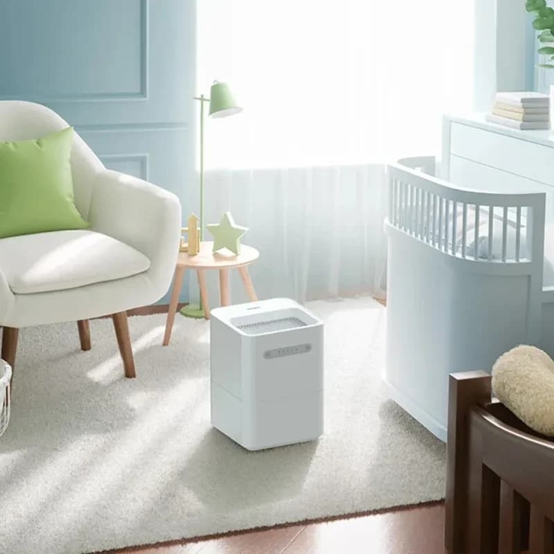 Smartmi Evaporative Humidifier 3 Lite - Umidificador branco cúbico com grelha superior cinza e painel frontal, design minimalista para quarto infantil