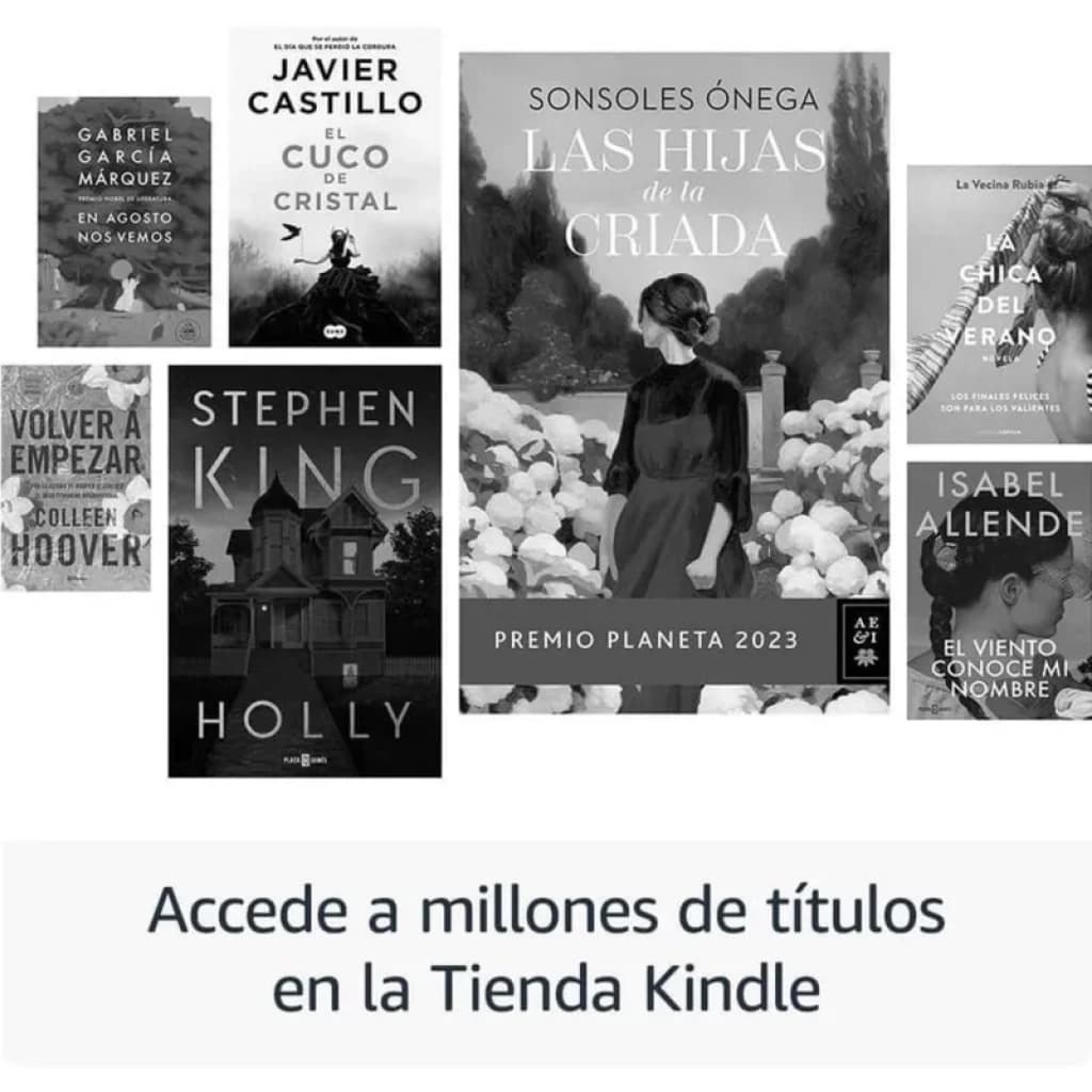 Amazon Kindle Paperwhite 12ª Gen 16GB negro mostrando interfaz en escala de grises con portadas de libros, pantalla nítida sin reflejos y marco delgado