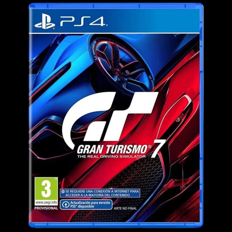 Carátula de PS4 Gran Turismo 7 con coches deportivos azul y rojo, logo GT centrado, clasificación PEGI 3 y aviso de conexión a internet para contenido