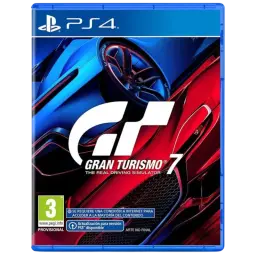 Carátula de PS4 Gran Turismo 7 con coches deportivos azul y rojo, logo GT centrado, clasificación PEGI 3 y aviso de conexión a internet para contenido