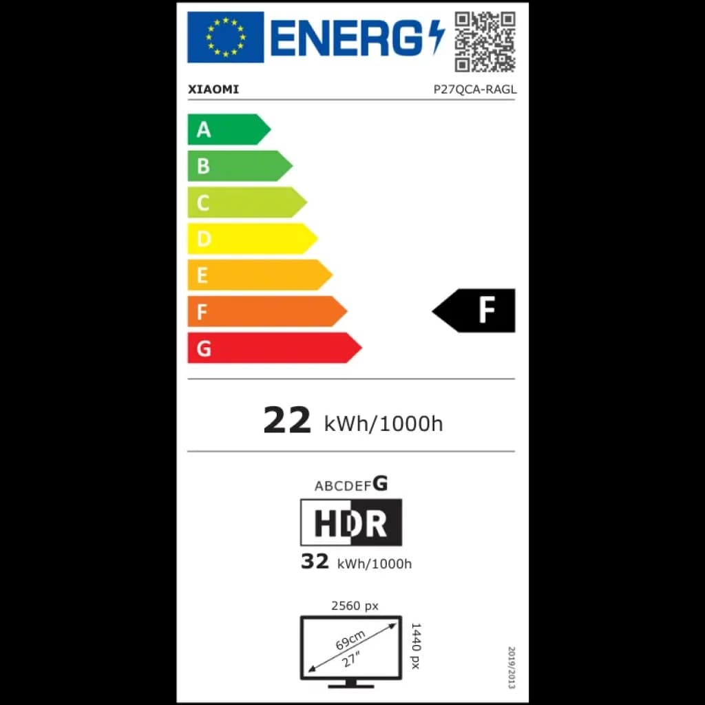 Etiqueta energética UE del monitor Xiaomi 2K A27Qi: clase F, consumo 22 kWh/1000h, HDR, pantalla 27" 2560 px, diagrama de dimensiones y código QR