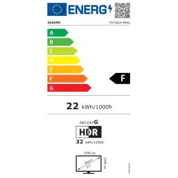 Étiquette énergie UE pour Xiaomi 2K A27Qi: classe F, 22 kWh/1000h SDR, 32 kWh/1000h HDR, résolution 2560 px, écran 27 pouces 16:9 HDR