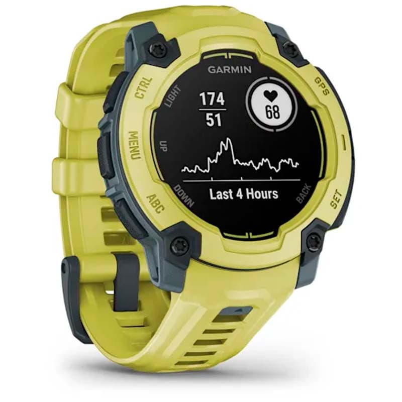 Garmin Instinct E 45mm Amarillo con Correa Amarilla - vista frontal y lateral