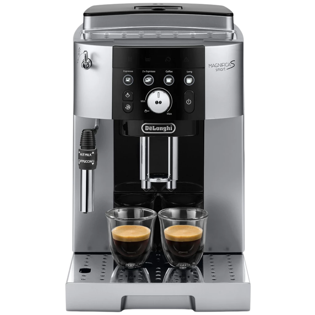 Máquina de café superautomática prata com painel frontal preto, bicos duplos para dois expressos, vaporizador lateral em aço e bandeja perfurada removível - Item1