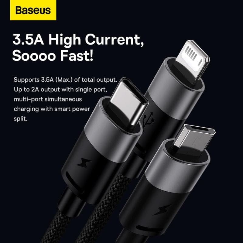 Baseus StarSpeed ​​​​​​Series Black - Cabo USB 3 em 1 USB-C/Micro/Lightning imagem dos 3 conectores