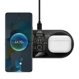 Baseus Dual USB-C 20W Cargador Inalámbrico - imagen cargando un móvil y unos auriculares