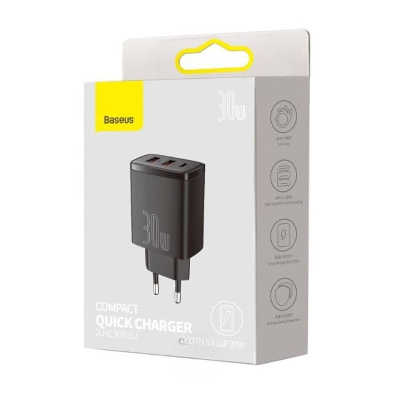 Baseus Compact Quick Charger 30W Noir - Chargeur mural 2xUSB-A 1xUSB-C image de la boîte