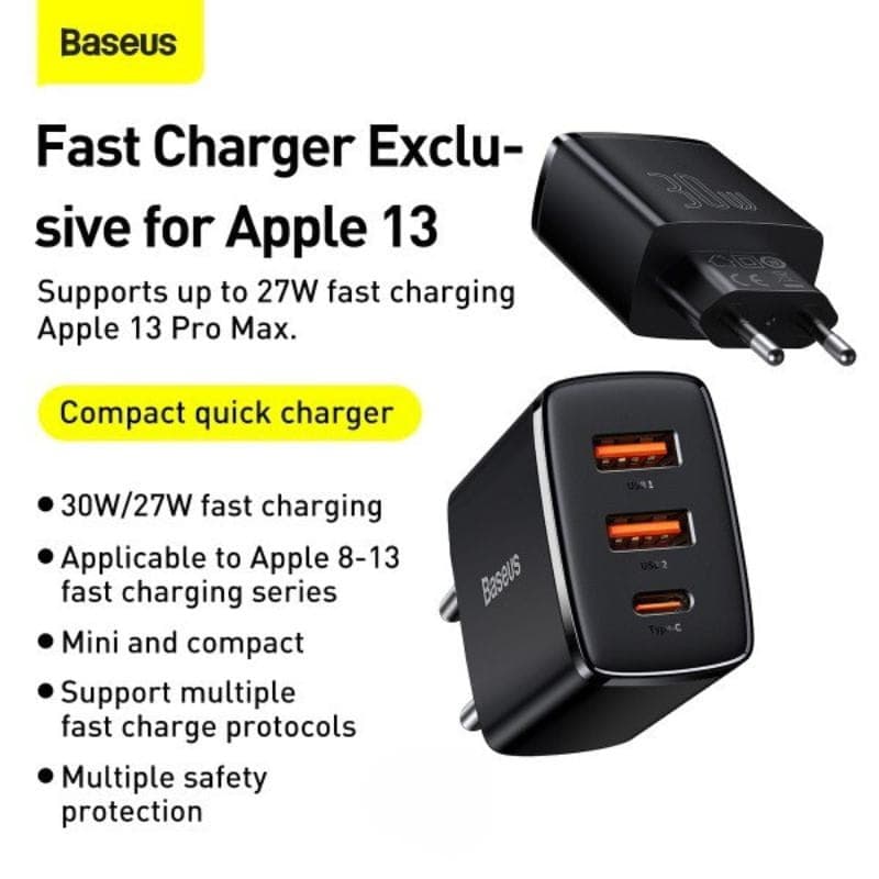Baseus Compact Quick Charger 30W Noir - Chargeur mural 2xUSB-A 1xUSB-C charge rapide pour Apple 13