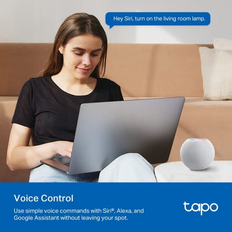 TP-Link Tapo P110M WiFi - Prise intelligente blanche avec contrôle vocal, compatible Siri, Alexa et Google Assistant; LED colorée sur le dessus