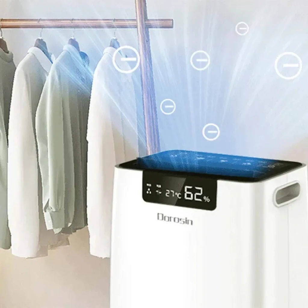 DOROSIN ER-660E 7L - Déshumidificateur blanc compact avec écran LED supérieur, panneau tactile, poignée latérale et réservoir latéral visible sur - Ítem4