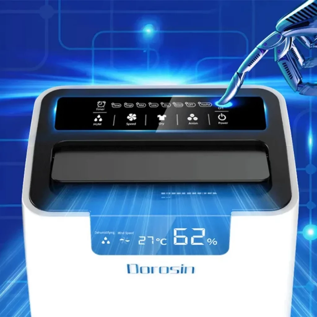 DOROSIN ER-660E 7L - Déshumidificateur blanc compact avec écran LED supérieur, panneau tactile, poignée latérale et réservoir latéral visible sur - Ítem5