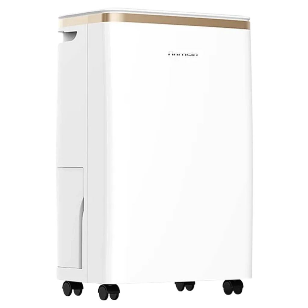 DOROSIN ER-1201 2,5 L – Déshumidificateur blanc compact avec réservoir latéral, poignée intégrée et roulettes discrètes, ligne dorée élégante - Ítem2