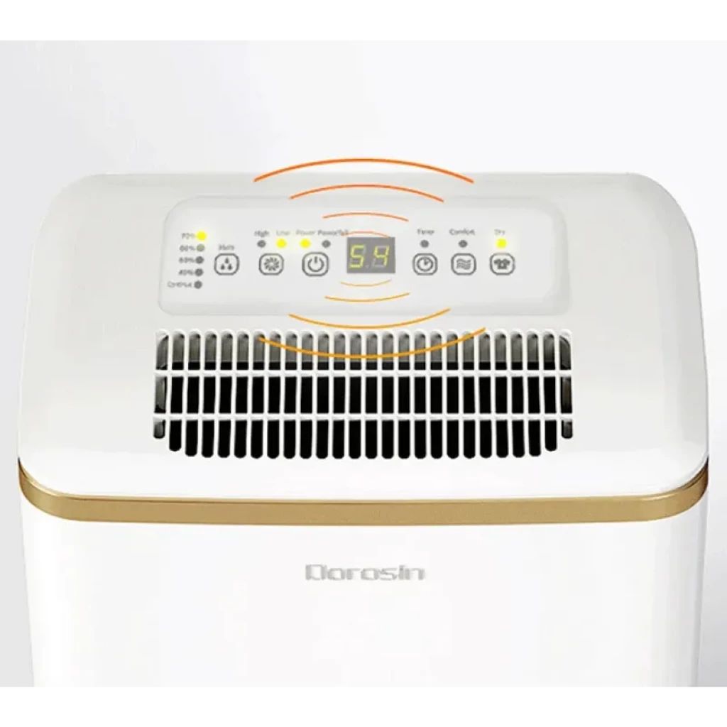 DOROSIN ER-1201 2,5 L – Déshumidificateur blanc compact avec réservoir latéral, poignée intégrée et roulettes discrètes, ligne dorée élégante - Ítem4