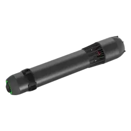Scooter sous-marin compact en aluminium noir, forme cylindrique, hélice protégée par grille, embouts arrondis avec accents verts, design minimal et robuste