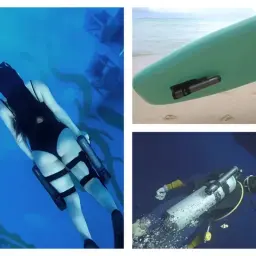 Waydoo Subnado scooter sous-marin ultra compact noir, double poignées ergonomiques, fixation modulaire sur planche ou bouteille, usage baignade et plongée