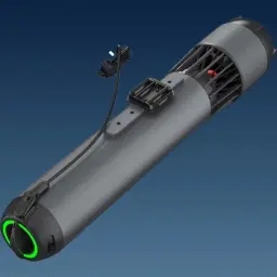 Waydoo Subnado - Scooter sous-marin ultra compact, cylindre gris avec hélice arrière cerclée de LED verte, supports de fixation et câble de commande visible
