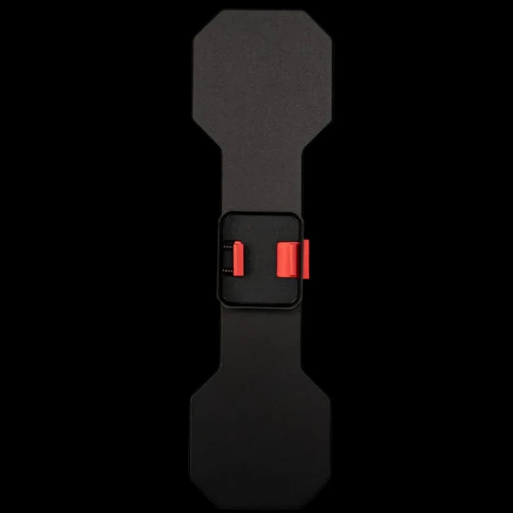 Adaptateur pour SUP Waydoo en aluminium noir, plaque allongée à bords biseautés avec boucle centrale rouge pour fixation rapide et sûre