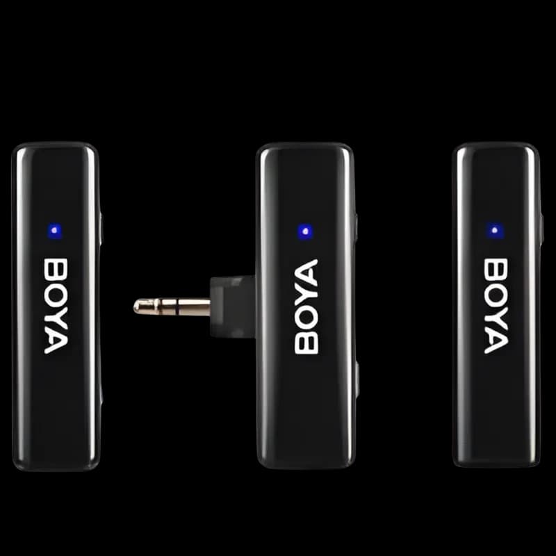 Boya LINK – Kit micro sans fil noir, trois modules compacts avec logo BOYA, voyant LED bleu et connecteur jack 3,5 mm escamotable, USB-C/Lightning