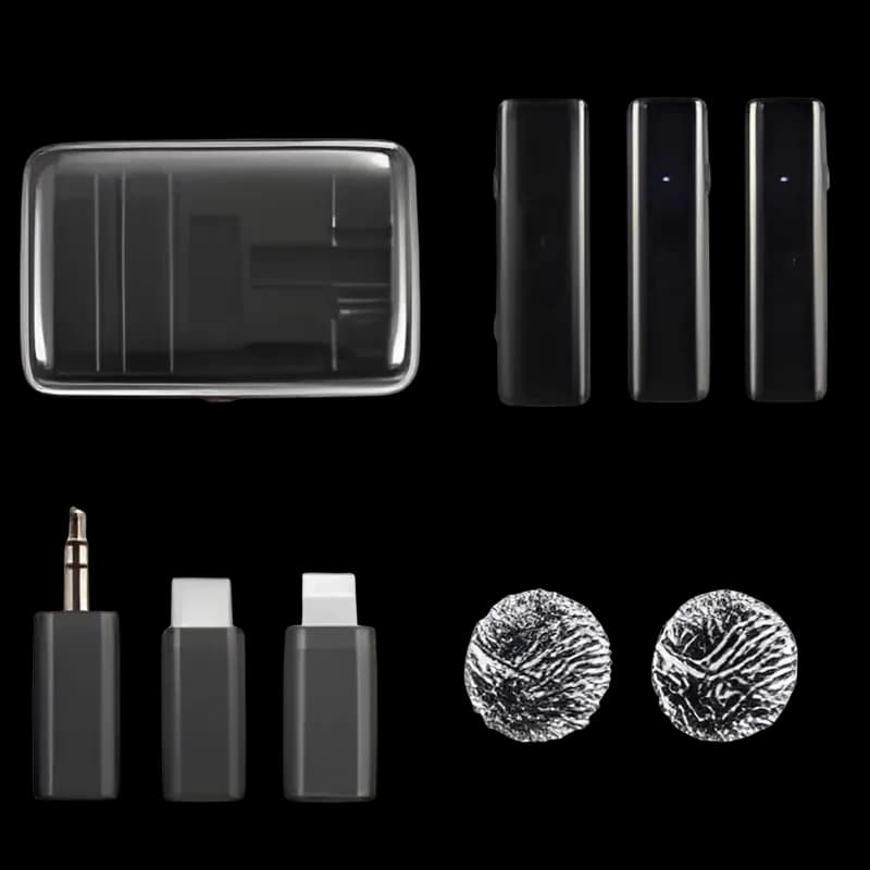 Kit Boya LINK noir brillant avec boîtier de charge, deux émetteurs compacts, récepteur, adaptateurs USB-C Lightning et jack 3,5 mm, deux bonnettes anti-vent