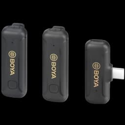 Boya BY-WM3T2-U2 micro cravate sans fil 2,4 GHz avec deux émetteurs compacts et récepteur USB-C noir, boîtier mat, logo doré, bouton unique frontale
