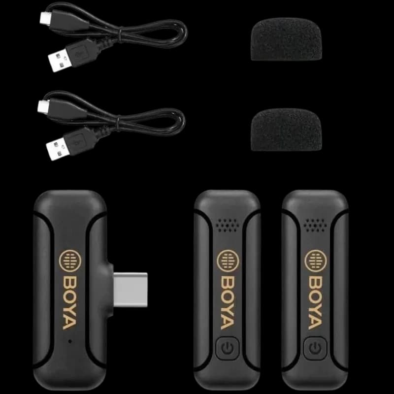 Boya BY-WM3T2-U2 microphone sans fil USB-C 2,4 GHz avec deux émetteurs clip, récepteur compact, bonnettes anti-vent et câbles de charge jumelés