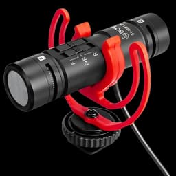 Boya BY-MM1 PRO microphone compact noir avec suspension antichoc rouge, double capsule F L R, molette de serrage et câble, design léger pour caméras et