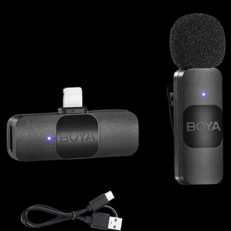 Boya By-v1 Microfone Lavalier 2.4 GHz com receptor Lightning, clipe de lapela com espuma antivento, indicador LED azul e cabo USB para recarga