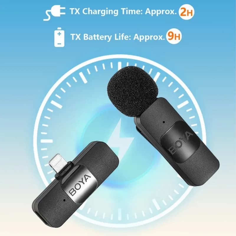 Boya By-v1 Microfone Lavalier 2.4 GHz com conector Lightning, transmissor compacto e microfone com espuma, tempo de carga 2h e bateria até 9h