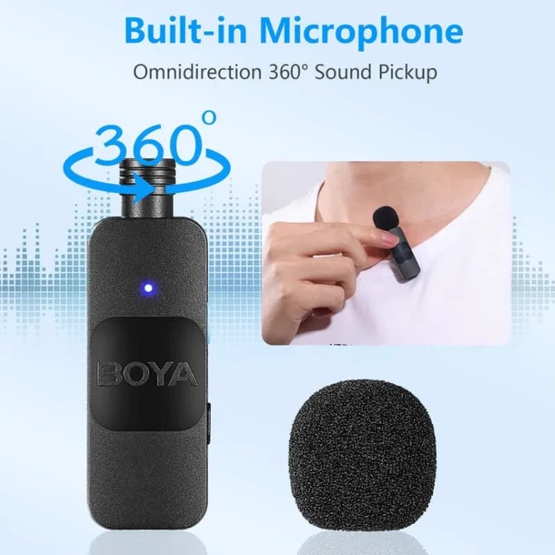 Boya By-v1 Microfone Lavalier 2.4 GHz Lightning com cápsula omnidirecional 360°, LED indicador e windscreen de espuma para redução de ruído