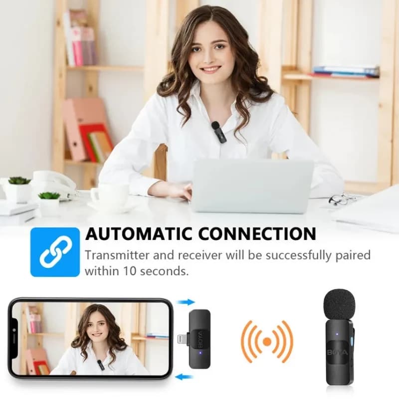 Boya By-v1 Microfone Lavalier 2.4 GHz com conexão Lightning, transmissor compacto clipável, receptor para iPhone, pareamento automático e windscreen