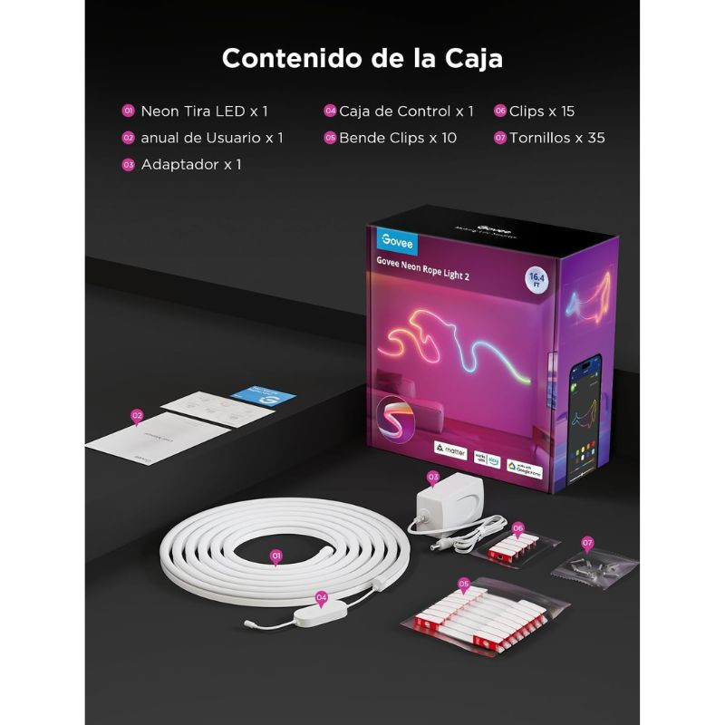 Bande lumineuse LED RGBIC 5 m Govee H61D5, néon flexible multicolore, contrôle Wi‑Fi/Bluetooth via app, effets dynamiques, compatible Matter/Alexa/Google. - Ítem3