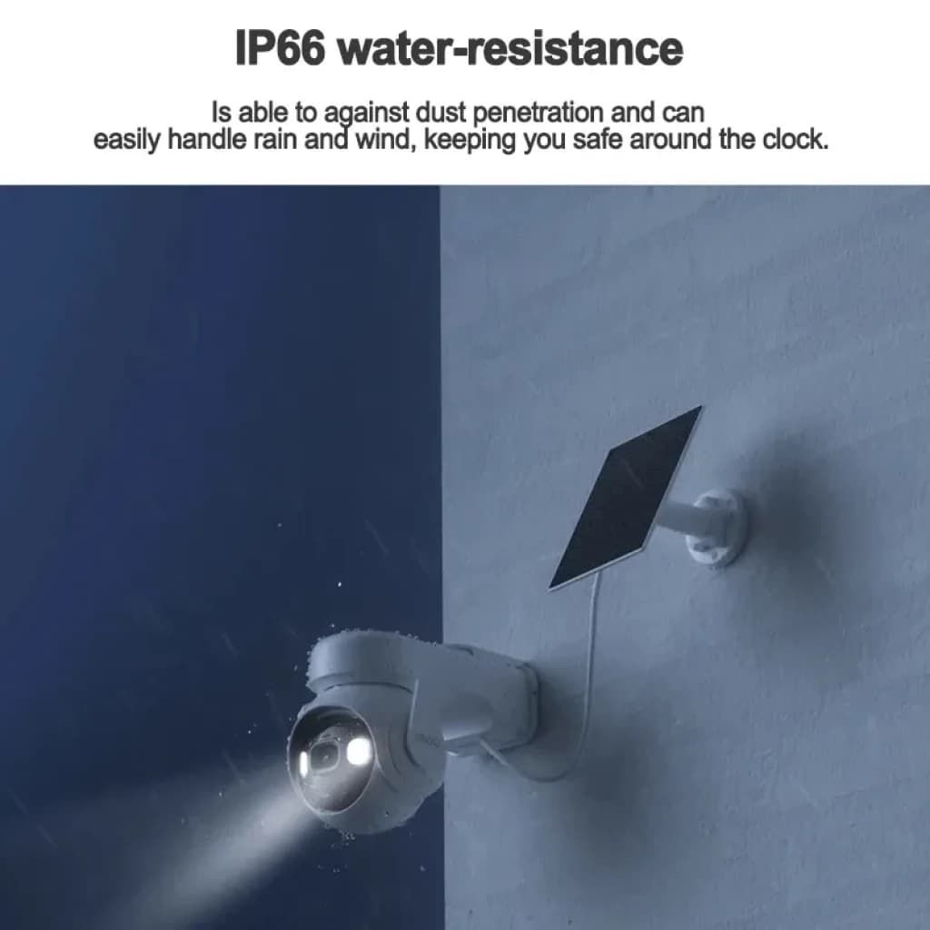 Imou Cell Pt Lite exterior com painel solar, 2K QHD, IP66, luz integrada e bateria de 5000 mAh; design de parede resistente à chuva e ao vento