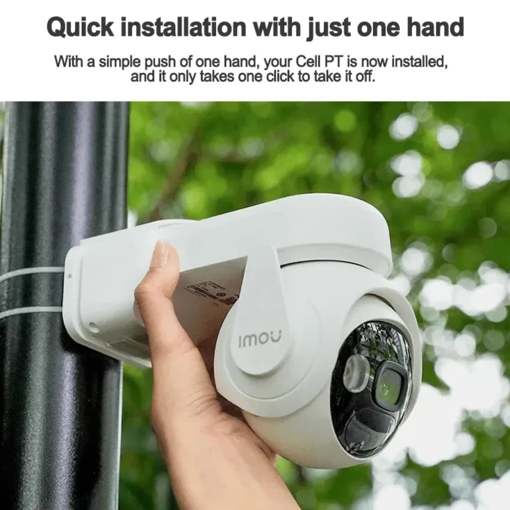 Câmara Imou Cell Pt Lite 2K QHD com painel solar, montagem rápida com uma mão, design resistente IP66, bateria de 5000 mAh e lente grande angular para exteriores