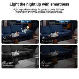 Modos noturnos: inteligente, cor completa, infravermelho e desligado. Visão noturna 2K QHD para interiores, deteção de movimento e nitidez em condições de pouca luz.