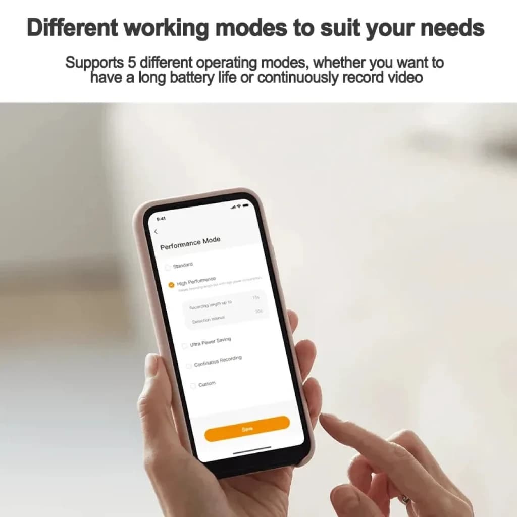 Imou Cell Pt Lite com painel solar 2K QHD IP66 bateria de 5000 mAh; a aplicação móvel mostra os modos de desempenho e economia de energia para gravação contínua