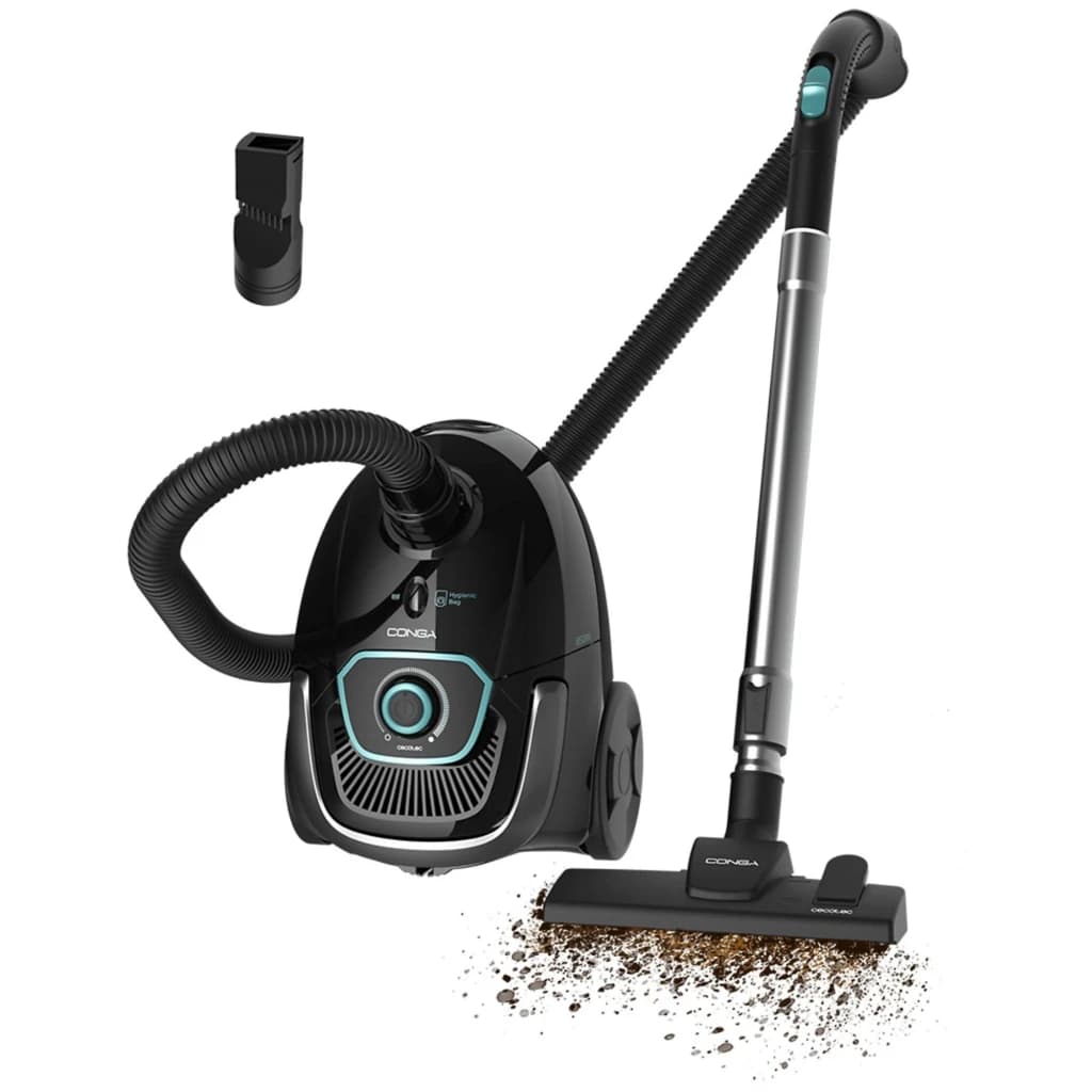 Aspirador de trineo negro con bolsa, 850 W, depósito 2,5 L, tubo telescópico, cepillo para suelos, accesorio estrecho y ruedas traseras grandes