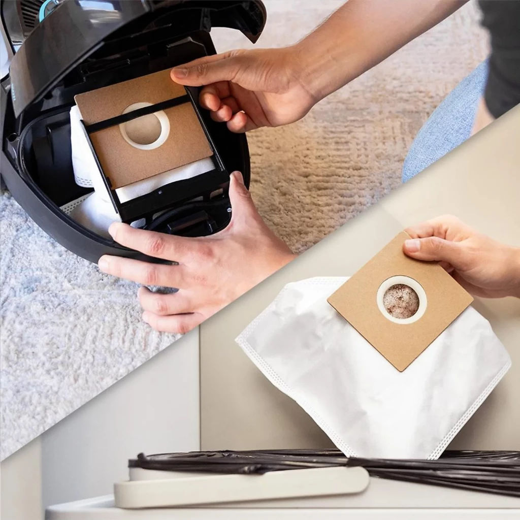 Aspirador de pó com saco preto, corpo compacto com rodas, mangueira flexível, tubo metálico telescópico e bocal largo; inclui acessório estreito para - Item5