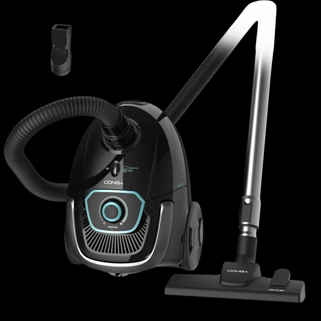 Aspirador de trineo negro con bolsa, 850 W, depósito 2,5 L, tubo telescópico metálico, manguera flexible, boquilla estrecha y cepillo de suelo Conga