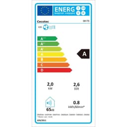 Etiqueta energética del aire acondicionado portátil Cecotec ForceClima 7100 Soundless: clase A, 2,0 kW, EER 2,6, 65 dB, consumo 0,8 kWh/60 min.