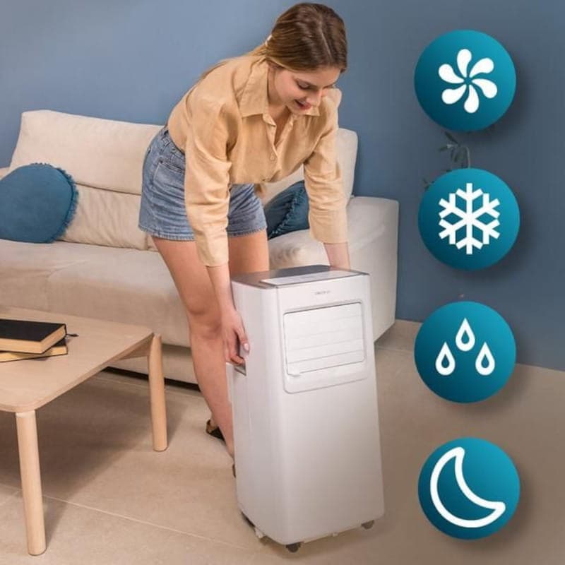 Cecotec ForceClima 7100 Soundless portátil blanco con ruedas, panel superior, rejilla frontal y funciones de ventilación, frío, deshumidificación y modo