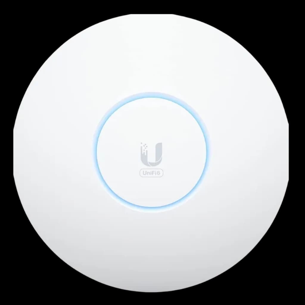 Punto de acceso blanco circular con anillo LED azul, logotipo U al centro; diseño minimalista de techo pared, estilo UniFi WiFi 6E con carcasa lisa