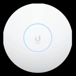 Punto de acceso blanco circular con anillo LED azul, logotipo U al centro; diseño minimalista de techo pared, estilo UniFi WiFi 6E con carcasa lisa