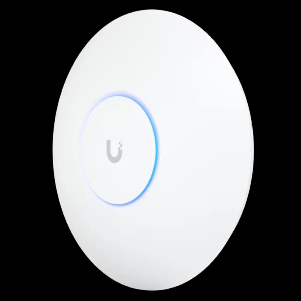 Punto de acceso Ubiquiti U6 Enterprise blanco, diseño circular minimalista con anillo LED azul central y logo U, montaje en techo, acabado mate